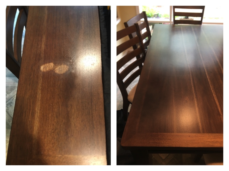 Ruined by nail polish remover, this brand new kitchen table is beautifully  restored in the customer's home. - Wood and Leather Doctor
